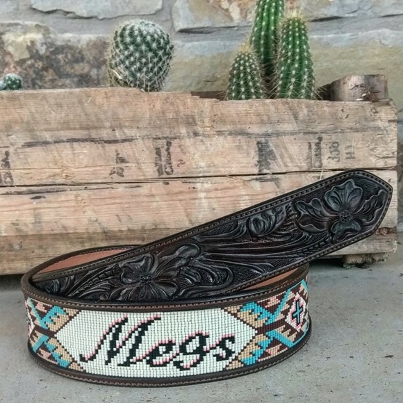 Beaded leather belt size 28”